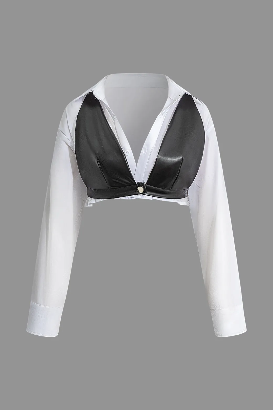 Solid Pu Patchwork Color Block Long-Sleeve Shirt