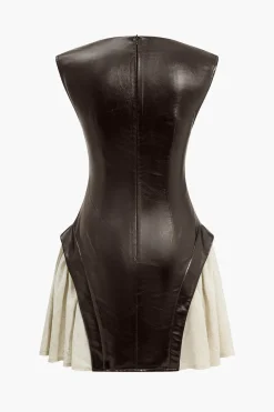 Solid Pu Patchwork Ruched Zipper Mini Dress