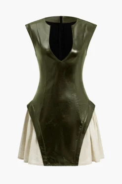 Solid Pu Patchwork Ruched Zipper Mini Dress