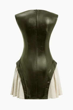 Solid Pu Patchwork Ruched Zipper Mini Dress