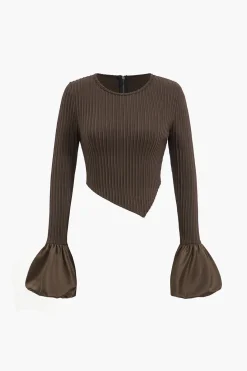 Solid Puff Sleeve Zipper Long-Sleeve Top