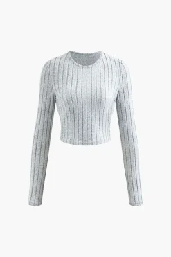 Solid Rib Knit Round Neck Long Sleeve Top And Slit Skirt Set