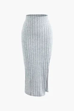 Solid Rib Knit Round Neck Long Sleeve Top And Slit Skirt Set
