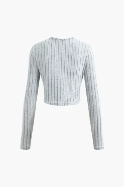 Solid Rib Knit Round Neck Long Sleeve Top And Slit Skirt Set