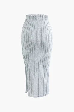 Solid Rib Knit Round Neck Long Sleeve Top And Slit Skirt Set