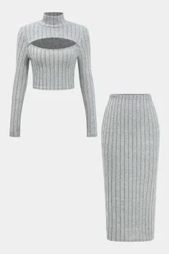 Solid Ribbed Long Sleeve Cut Out Top And Skirt Set