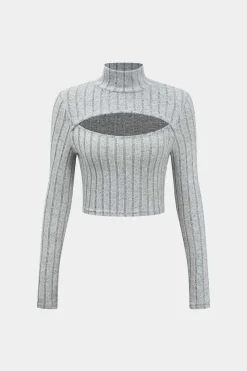 Solid Ribbed Long Sleeve Cut Out Top And Skirt Set