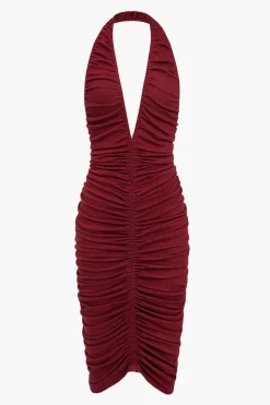Solid Ruched Backless V-neck Midi Dress