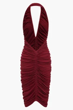Solid Ruched Backless V-neck Midi Dress