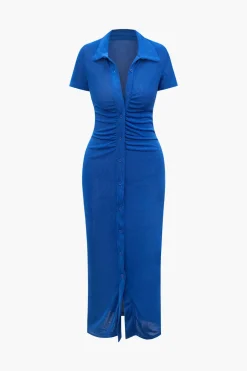 Solid Ruched Button Up Collar Midi Dress