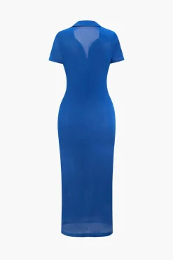 Solid Ruched Button Up Collar Midi Dress