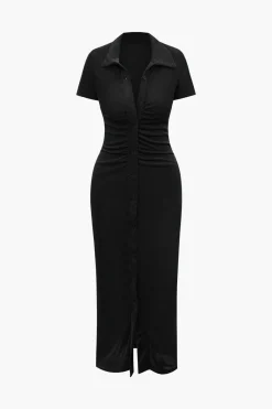 Solid Ruched Button Up Collar Midi Dress