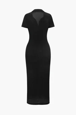 Solid Ruched Button Up Collar Midi Dress