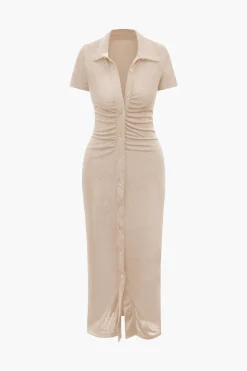 Solid Ruched Button Up Collar Midi Dress
