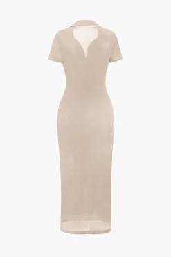 Solid Ruched Button Up Collar Midi Dress