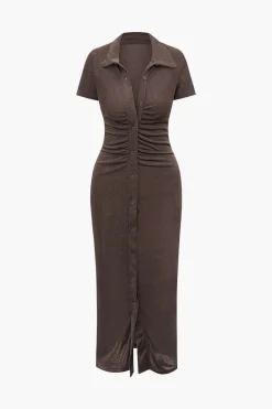 Solid Ruched Button Up Collar Midi Dress