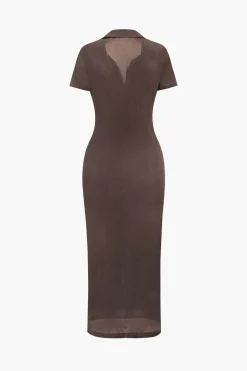 Solid Ruched Button Up Collar Midi Dress