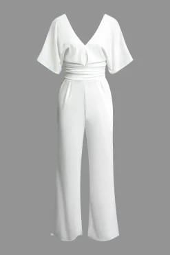 Solid Ruched Deep V Jumpsuit
