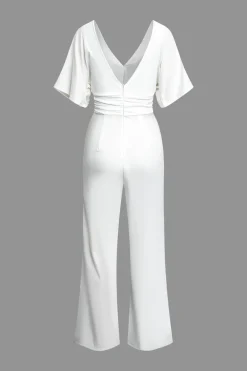 Solid Ruched Deep V Jumpsuit