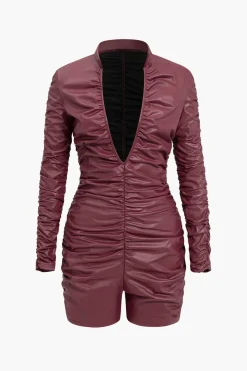 Solid Ruched High Elastic Leather Romper