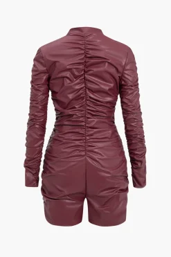Solid Ruched High Elastic Leather Romper