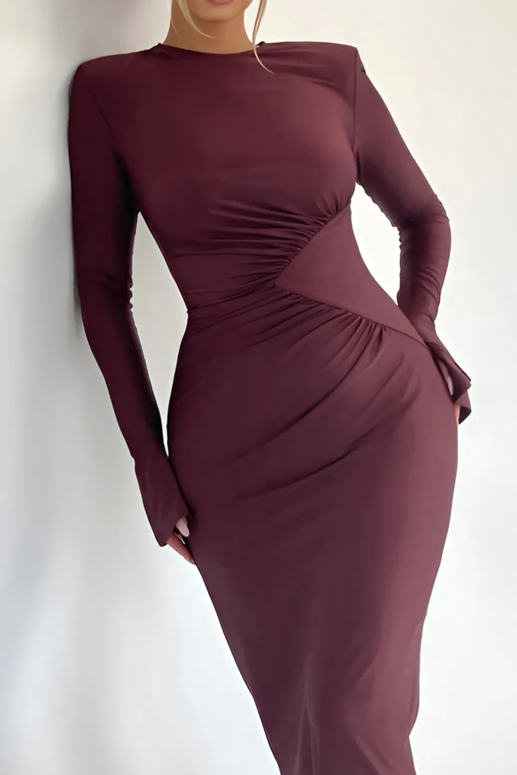 Solid Ruched Long-Sleeve Maxi Dress