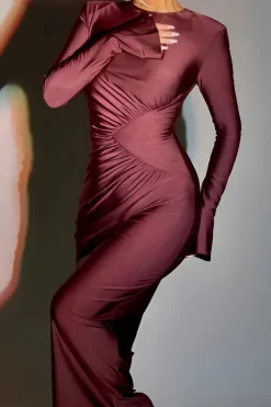 Solid Ruched Long-Sleeve Maxi Dress