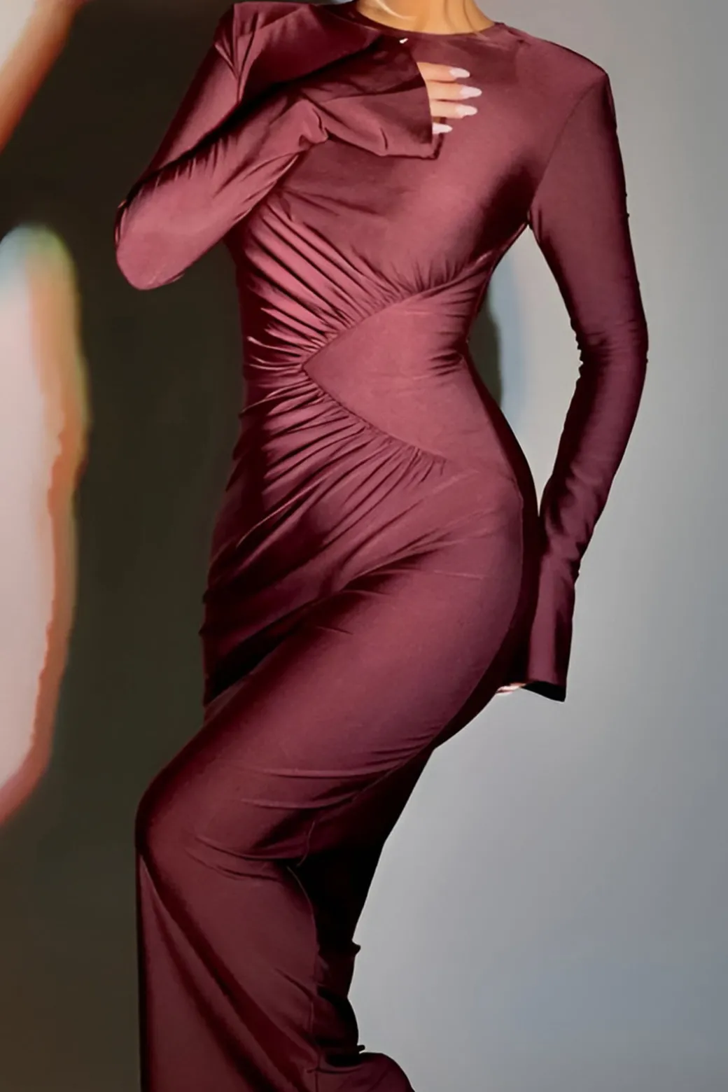 Solid Ruched Long-Sleeve Maxi Dress