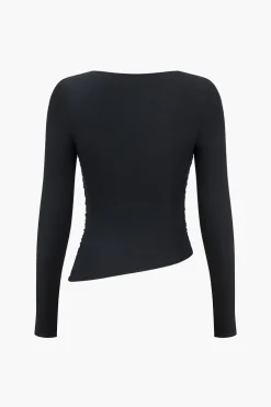 Solid Ruched Mesh Long-Sleeve Top