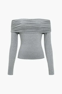 Solid Ruched Off Shoulder Long-Sleeve Top