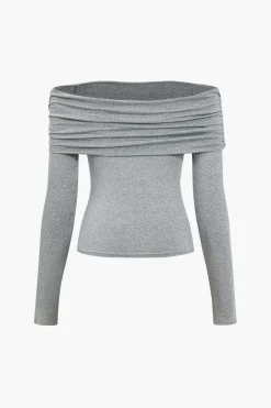 Solid Ruched Off Shoulder Long-Sleeve Top