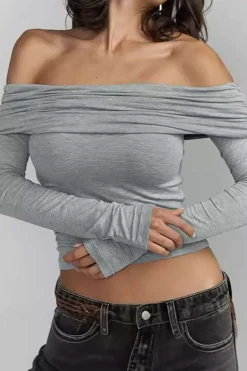 Solid Ruched Off Shoulder Long-Sleeve Top