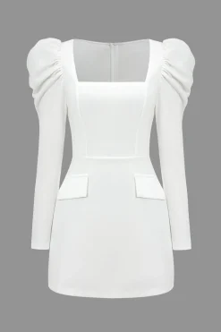 Solid Ruched Square Neck Mini Dress