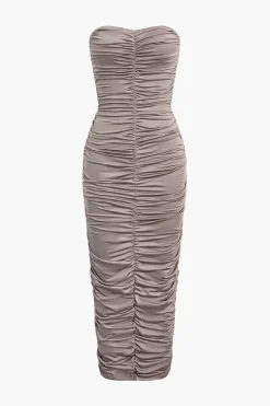 Solid Ruched Strapless Midi Dress