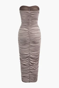 Solid Ruched Strapless Midi Dress