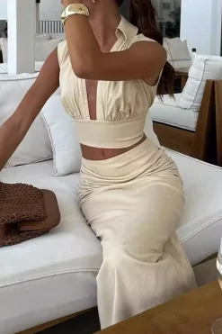 Solid Ruched V-neck Top And Skirt Set