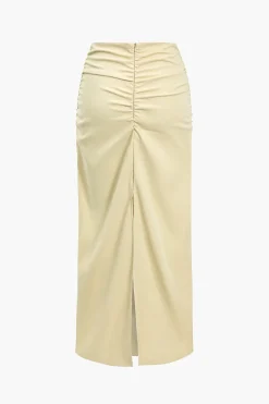 Solid Ruched V-neck Top And Skirt Set