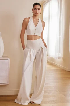 Solid Ruched Wide Leg Trousers