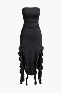 Solid Ruffle Hem Ruched Tube Maxi Dress