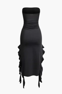 Solid Ruffle Hem Ruched Tube Maxi Dress