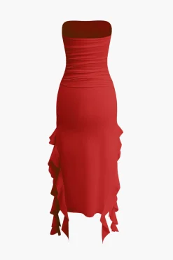 Solid Ruffle Hem Ruched Tube Maxi Dress