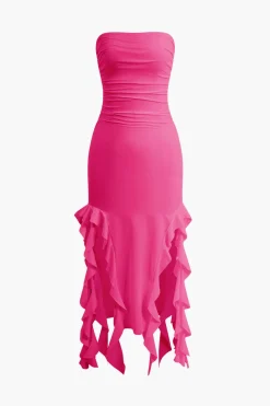 Solid Ruffle Hem Ruched Tube Maxi Dress
