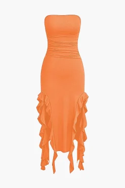 Solid Ruffle Hem Ruched Tube Maxi Dress