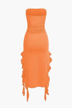 Solid Ruffle Hem Ruched Tube Maxi Dress