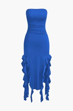 Solid Ruffle Hem Ruched Tube Maxi Dress