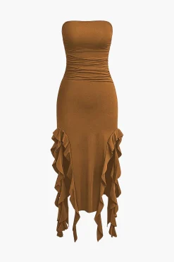 Solid Ruffle Hem Ruched Tube Maxi Dress