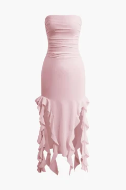 Solid Ruffle Hem Ruched Tube Maxi Dress