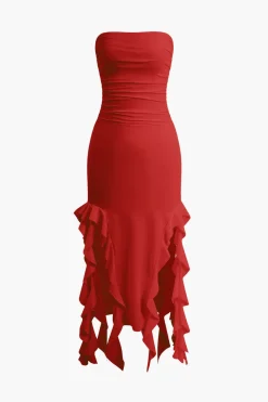 Solid Ruffle Hem Ruched Tube Maxi Dress