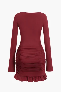 Solid Ruffle Ruched Twist Long Sleeve Mini Dress