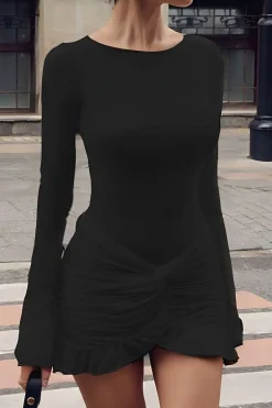 Solid Ruffle Ruched Twist Long Sleeve Mini Dress